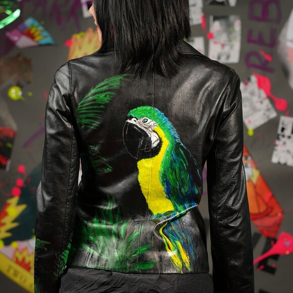 Upcycled Vintage Leather Jacket by Mario Oliva – Hand-Painted, Size XS - Picture 1 of 12